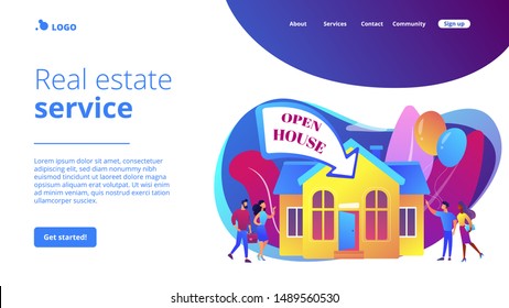 People going to housewarming party flat characters. Open house, open for inspection property, welcome to your new home, real estate service concept. Website homepage landing web page template.
