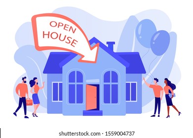 People going to housewarming party flat characters. Open house, open for inspection property, welcome to your new home, real estate service concept. Pinkish coral bluevector isolated illustration