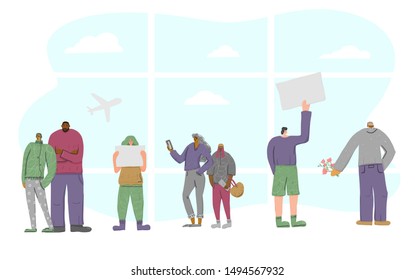 People are going to meet someone  in the arrivals hall of the airport. Differnt character standing with a tablet with a copy space for text. Vector flat illustartion.