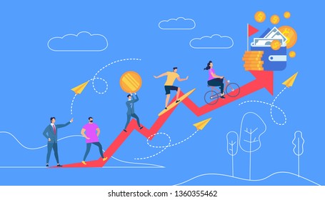 People Going Up to Money and Wealth Target by Red Crooked Arrow Flown by Business Coach Man on Blue Background with Outline Nature. Trainer Teach Financial Literacy. Cartoon Flat Vector Illustration.