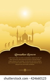 People going to the mosque together on Ramadan Kareem. Simple mosque with Gold background. great for card and banner