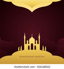 People going to the mosque together on Ramadan Kareem. Simple mosque with cute background. great for card and banner