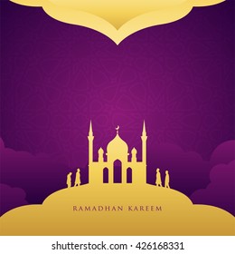 Leute, die zusammen in die Moschee gehen auf Ramadan Kareem. Einfache Moschee mit violettem Hintergrund. großartig für Karte und Banner
