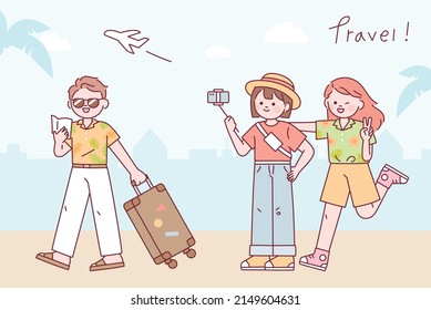 Gente haciendo un viaje de vacaciones de verano. Un personaje con una cara linda y redonda. ilustración simple del vector de esquema.