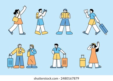 Personas que van en viaje de vacaciones de verano con maletas. bosquejar la Ilustración vectorial simple.