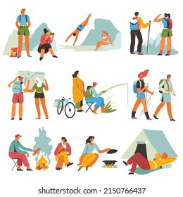 People going on trip during vacations, man and woman trekking and hiking to mountains. Camping sleeping by tent, fishing and navigating female tourists with paper map in hands. Vector in flat style