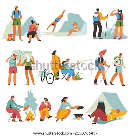 People going on trip during vacations, man and woman trekking and hiking to mountains. Camping sleeping by tent, fishing and navigating female tourists with paper map in hands. Vector in flat style