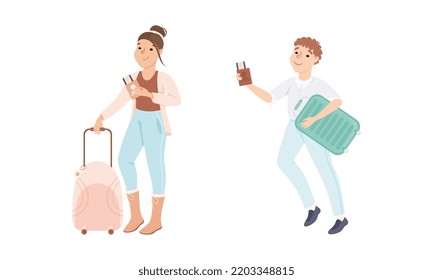 People going on vacation set. Man and woman tourists with suitcases and tickets cartoon vector illustration