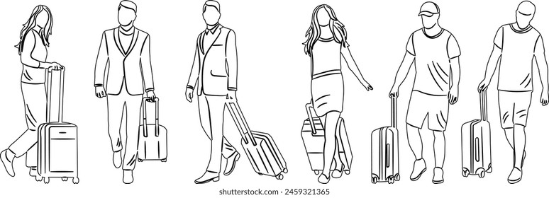 people going on vacation with suitcase sketch on white background vector