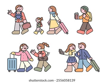 People going on a winter vacation with their family and friends. They are walking with their suitcases and chatting happily.