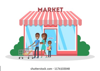 People going out of the supermarket with food. Cute store building in the city. Isolated flat vector illustration