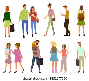 People going outdoor, man and woman holding package, buying products or flowers. Male carrying bread, grocery shopping, person in marketplace vector