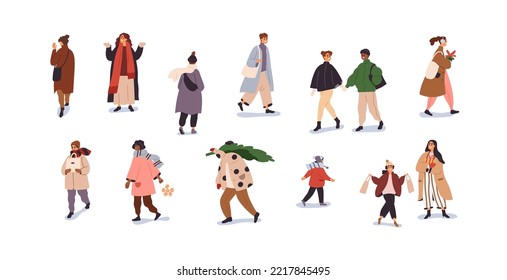 People going outdoors on winter holiday. Characters walking with shopping bags, Xmas fir tree, gifts on street at Christmas and New Year eve. Flat vector illustration isolated on white background