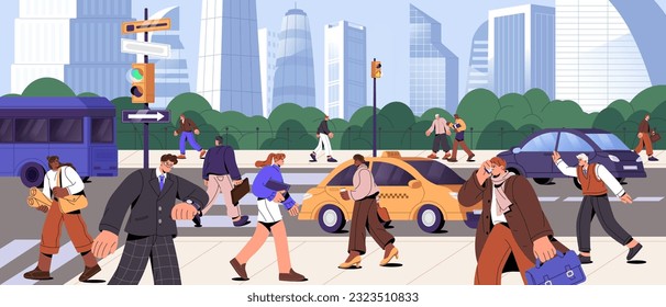 People going, rushing on different businesses, hurrying to work, office. Morning city life concept. Rush hour, busy urban street traffic with pedestrians and cars, panorama. Flat vector illustration