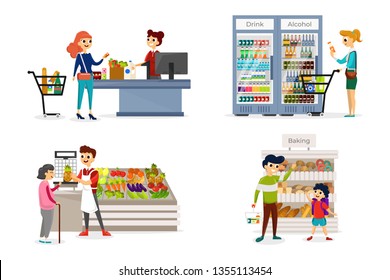 People going shopping in different grocery store departments.Visitors buying fresh bakery, beverages and vegetables. Interior of self service shop. Isolated on white