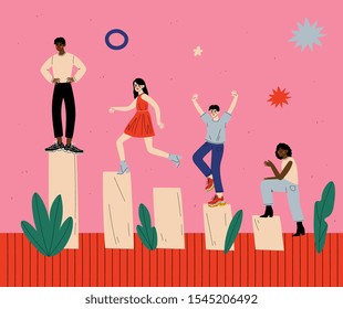 People Going to Success, Group of Men and Women Climbing Up Rising Financial Chart Vector Illustration