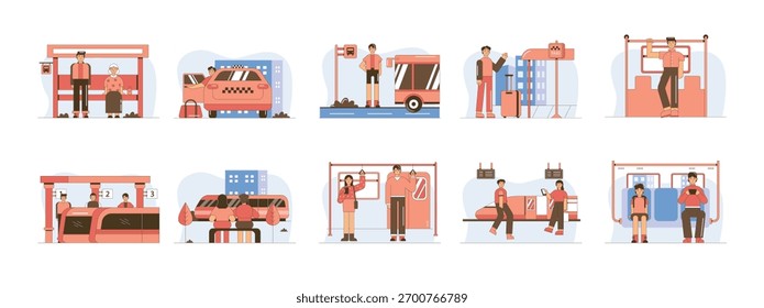 Las Personas van a sus actividades usando trenes de cercanías, transporte público. Diseño de personajes. Ilustración plana de Vector