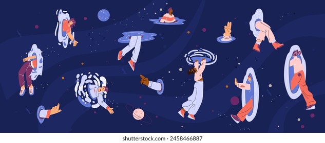 People going through teleport portal on space background. Cartoon divided body parts in vortex magic hole. Concept of travel in time and space dimension. Vector fantasy cosmic game illustration