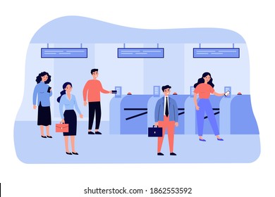 People going through turnstile entrance isolated flat vector illustration. Cartoon passengers standing queue with train tickets near automatic gate in metro. Public transport and subway pass concept