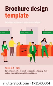 People going through turnstile entrance isolated flat vector illustration. Cartoon passengers standing queue with train tickets near automatic gate in metro. Public transport and subway pass concept