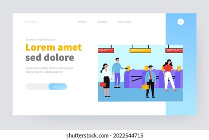 People going through turnstile entrance isolated flat vector illustration. Cartoon passengers standing queue with train tickets near automatic gate in metro. Public transport and subway pass concept