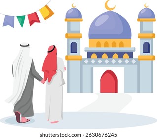 People are going Towards the House of Worship concept, Two Men Seeking Blessings Together vector design, Eid al-Adha scene, Eid-al-Kabir Hajj banner, Traditional Arabic Muslims Festival illustration