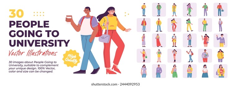 People Going to University. Mega Bundle. Collection scenes of a group of people who are going to campus wearing fashionable clothes, using backpacks activity. Vector Illustration