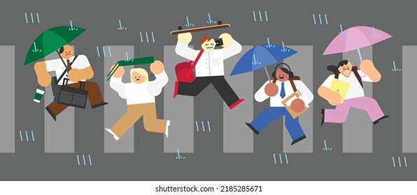 People Going to Work on Rainy Day Flat Design Character Illustration