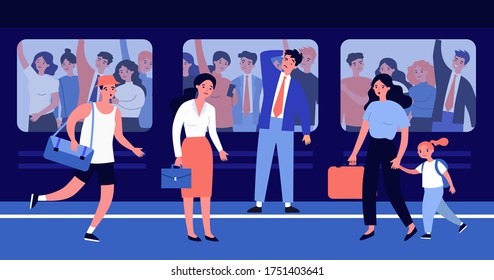 People going to work or school at morning. Transport, crowd, hurry flat vector illustration. Rush hour and city life concept for banner, website design or landing web page