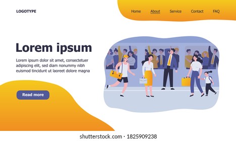 People going to work or school at morning. Transport, crowd, hurry flat vector illustration. Rush hour and city life concept for banner, website design or landing web page