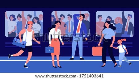 People going to work or school at morning. Transport, crowd, hurry flat vector illustration. Rush hour and city life concept for banner, website design or landing web page