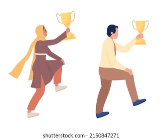 People with golden trophy prize semi flat color vector character set. Climbing figures. Full body people on white. Simple cartoon style illustration collection for web graphic design and animation
