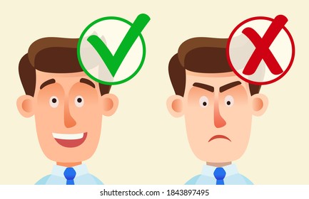 For people in a good mood. The men positive and negative, optimist and pessimist. Vector illustration, flat design, cartoon style, isolated background.