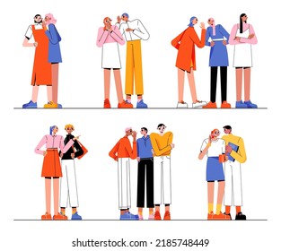 People gossip, tell secrets and news, backbiting. Vector flat illustration of men and women characters tattle together, slander about others, spread rumors, toxic speaks