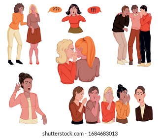 People Gossiping Set. People Whispering A Secret To Each Other. Surprised, Excited, Stunned, Sharing Unexpected News, Holding Hand Near Ear Trying To Listen. Communication Concept. Vector Illustration