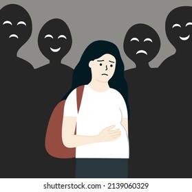 People gossiping and shaming unhappy pregnant teenage girl.  Early Unwanted pregnancy, Public disapproval, discrimination, social problem, bullying, abortion concept. Flat cartoon vector illustration.