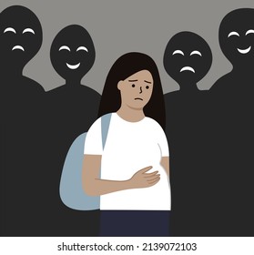 People gossiping and shaming unhappy pregnant teenage girl.  Early Unwanted pregnancy, Public disapproval, discrimination, social problem, bullying, abortion concept. Flat cartoon vector illustration.