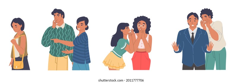 People gossiping, whispering while pointing at passing sad girl, flat vector isolated illustration. Male and female characters spreading rumors.