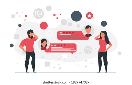 People got bad feedback from buyers. Man and woman receiving negative comments from consumers concept vector illustration