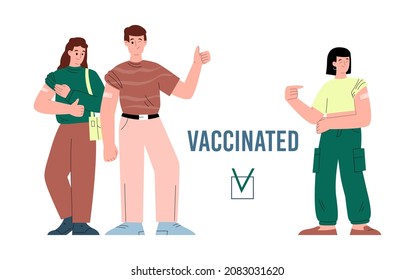 People got vaccine shot against COVID or flu virus and stand full body show thumbs-up sign. Motivational poster about herd immunity after inoculation. Young man and women vaccinated vector banner.