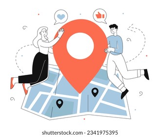 People with GPS marker line concept. Man and woman with pin at map. Geolocation and navigation. Travel and tourism, delivery to address. Feedback and review. Linear flat vector illustration