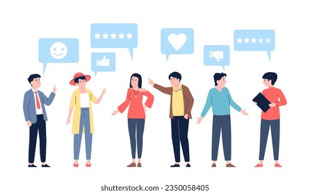 People grading. Satisfying customers, review and comments. Person giving rate or feedback. Social media likes, clients discuss recent vector characters