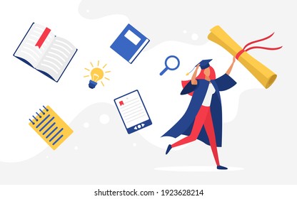 People graduating, education concept vector illustration. Cartoon happy graduated tiny woman character wearing graduate cap and cape running among book or tablet, holding graduation diploma background