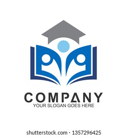 people with graduation cap and open book shape for education logo, science and knowledge, smart icon, creativity vector logo