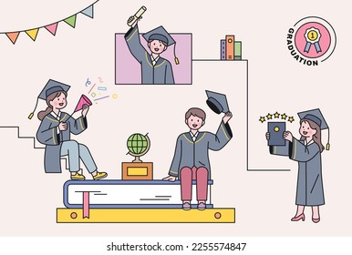 People in graduation costumes are sitting on giant books or holding diplomas and celebrating.