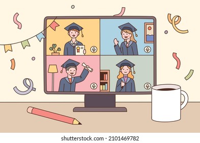 People in graduation gowns are congratulating on the monitor. People are having their graduation ceremonies online in a virus-distancing society. flat design style vector illustration.