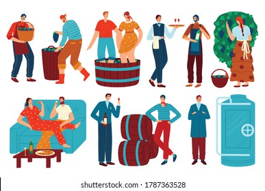 People And Grapes Wine Vector Illustration Set. Cartoon Flat Man Woman Character Drinking Wine, Winemaker Harvesting Grape Harvest In Vineyard For Wine Production, Winemaking Process Isolated On White