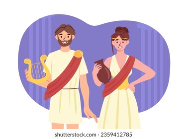 People greeks concept. Man and woman with amphora and harp. History, traditions and culture. Young guy and girl in ancient clothes. Poster or banner. Cartoon flat vector illustration