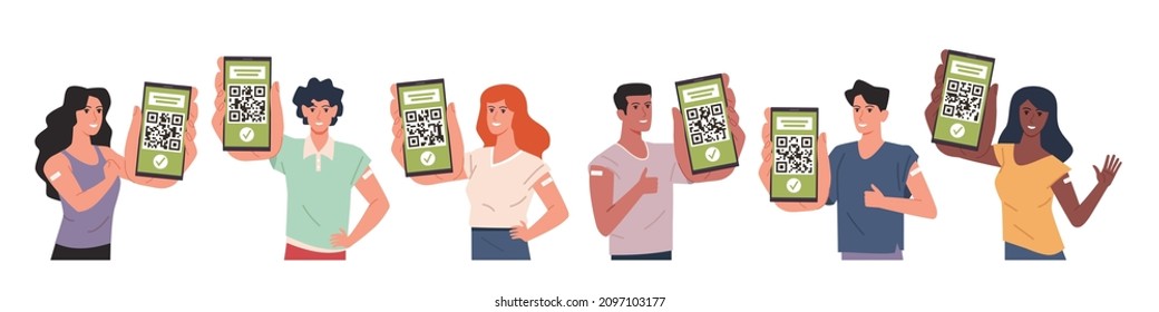 People with green certificate. Vaccinated persons, men and women checking gr-code with smartphone, electronic code assignment, persistent healthcare, vector cartoon flat isolated set