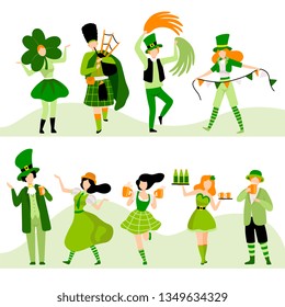 People in Green Festive Costumes Celebrating Saint Patrick Day Vector Illustration